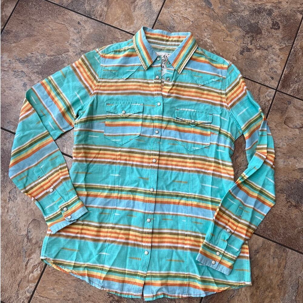 Ryan Michael teal long sleeve snap down western shirt, women's size M